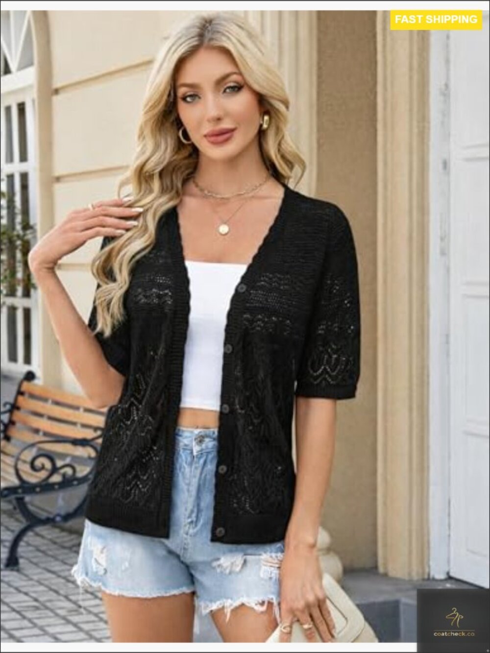 Crochet Short Sleeve Cardigan Lightweight Button Front Shrug for Summer - Picture 3 of 6